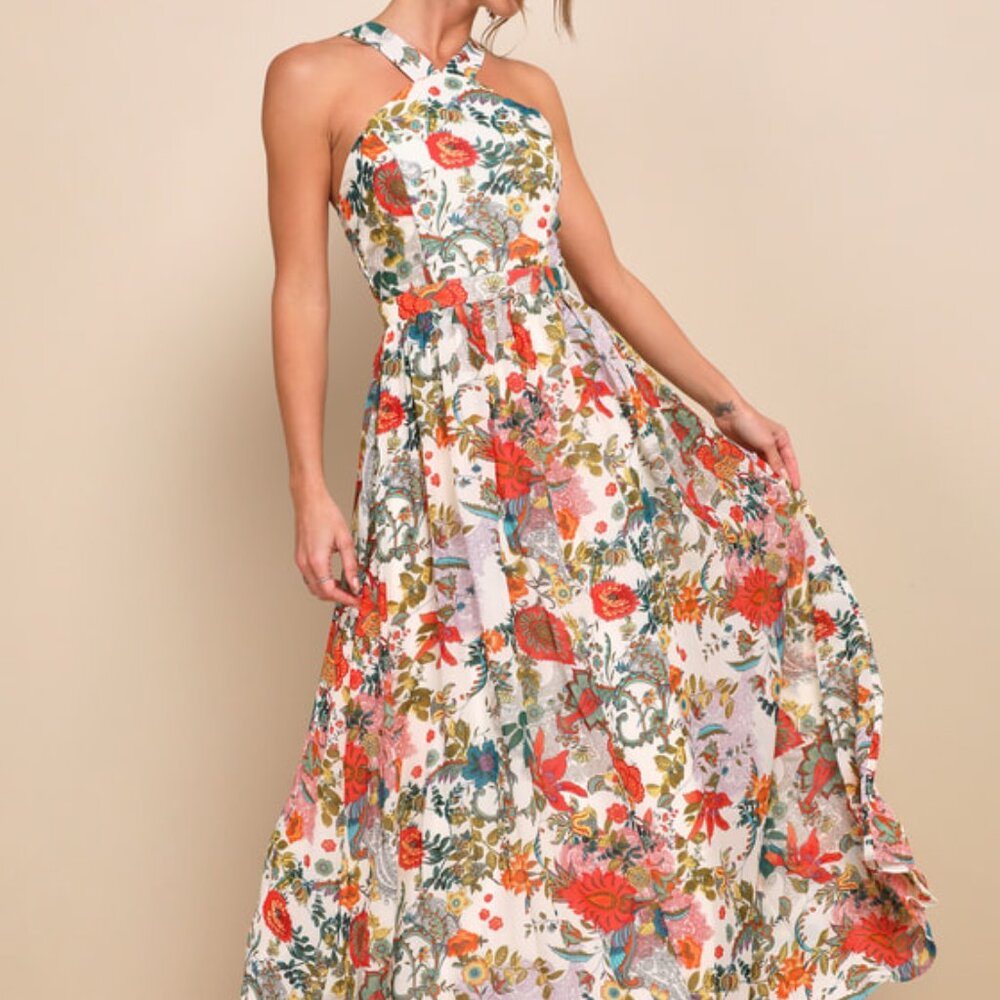 Lulus Lilja Cream Floral Print Maxi Dress Beige - Size XL